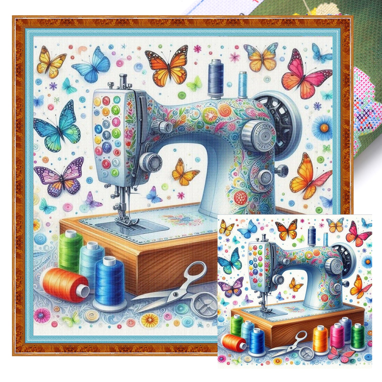 Butterfly Sewing Machine - Full 14CT Stamped Cross Stitch 40x40CM - Huacan