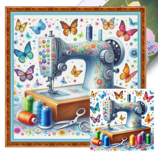 Butterfly Sewing Machine - Full 14CT Stamped Cross Stitch 40x40CM - Huacan