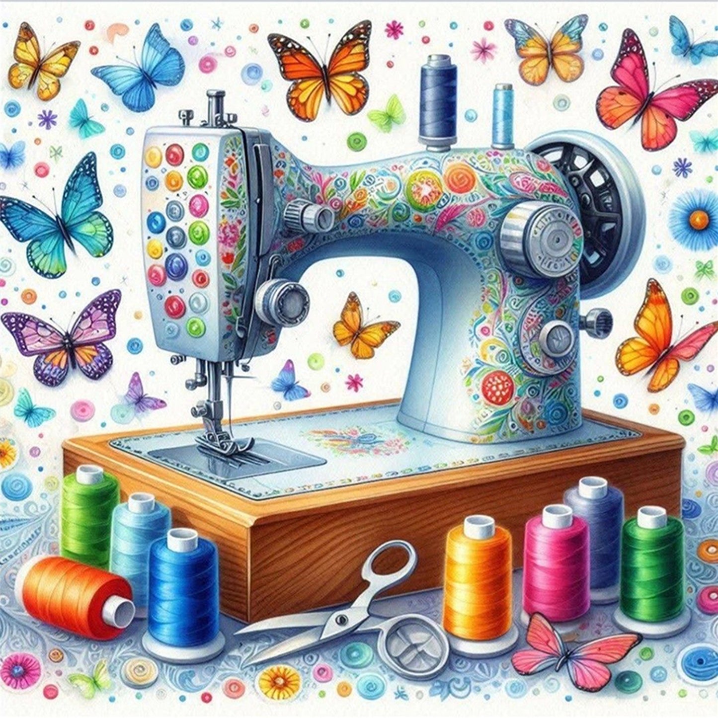Butterfly Sewing Machine - Full 14CT Stamped Cross Stitch 40x40CM - Huacan