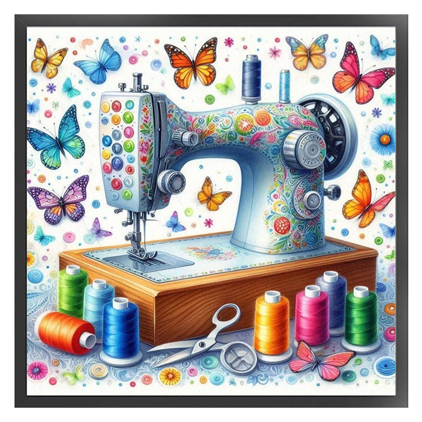 Butterfly Sewing Machine - Full 14CT Stamped Cross Stitch 40x40CM - Huacan
