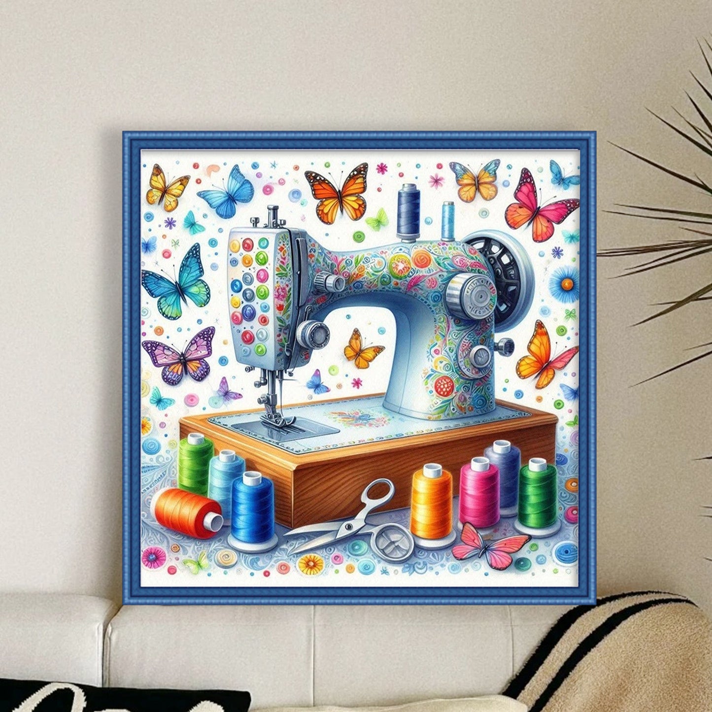Butterfly Sewing Machine - Full 14CT Stamped Cross Stitch 40x40CM - Huacan