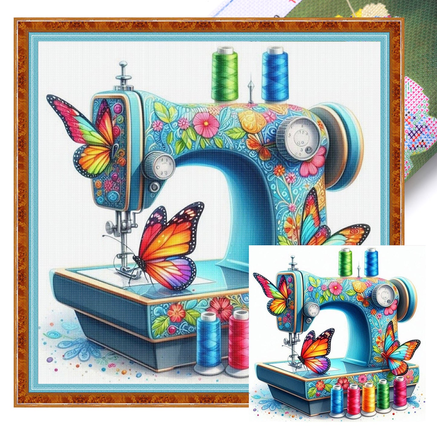 Butterfly Sewing Machine - Full 14CT Stamped Cross Stitch 40x40CM - Huacan