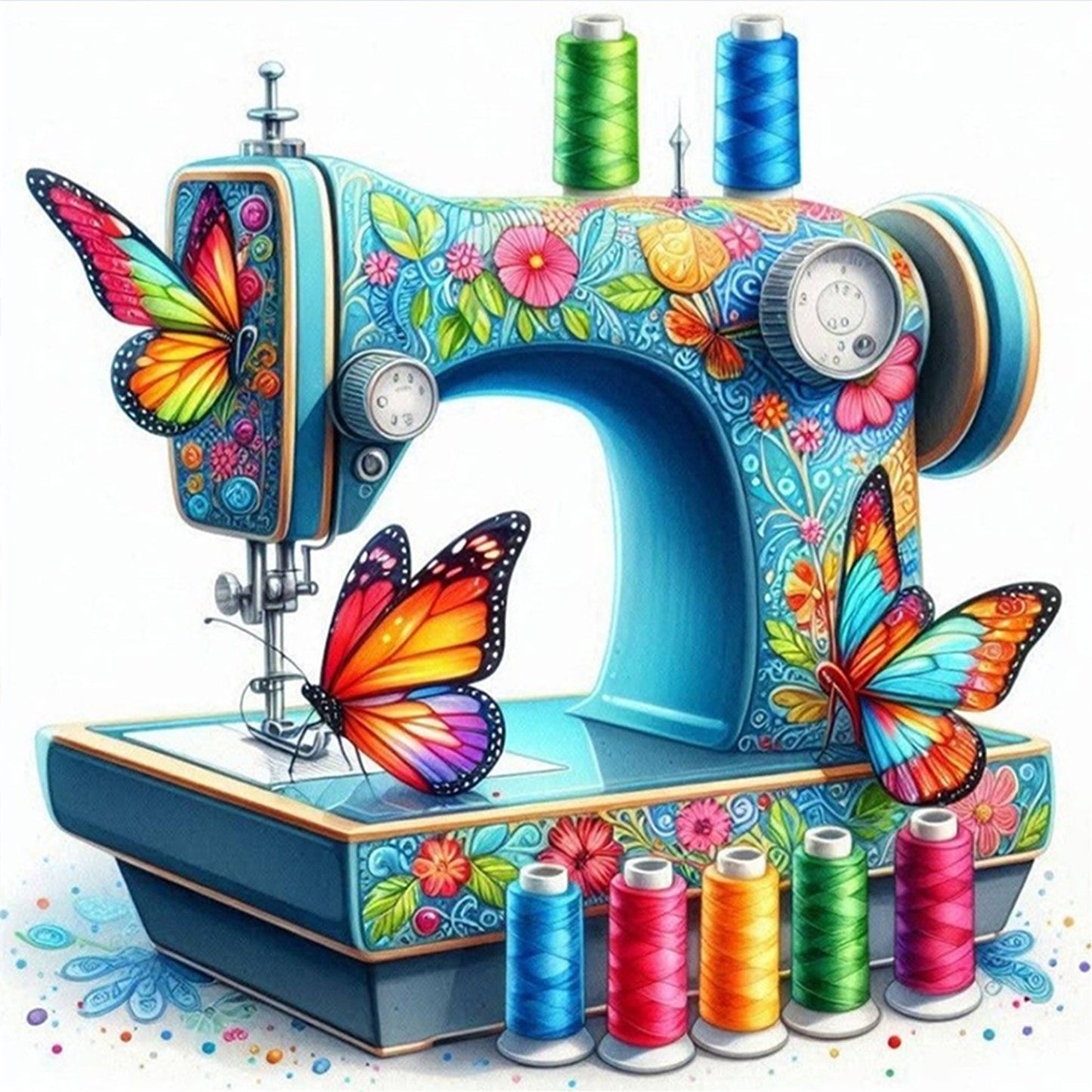 Butterfly Sewing Machine - Full 14CT Stamped Cross Stitch 40x40CM - Huacan