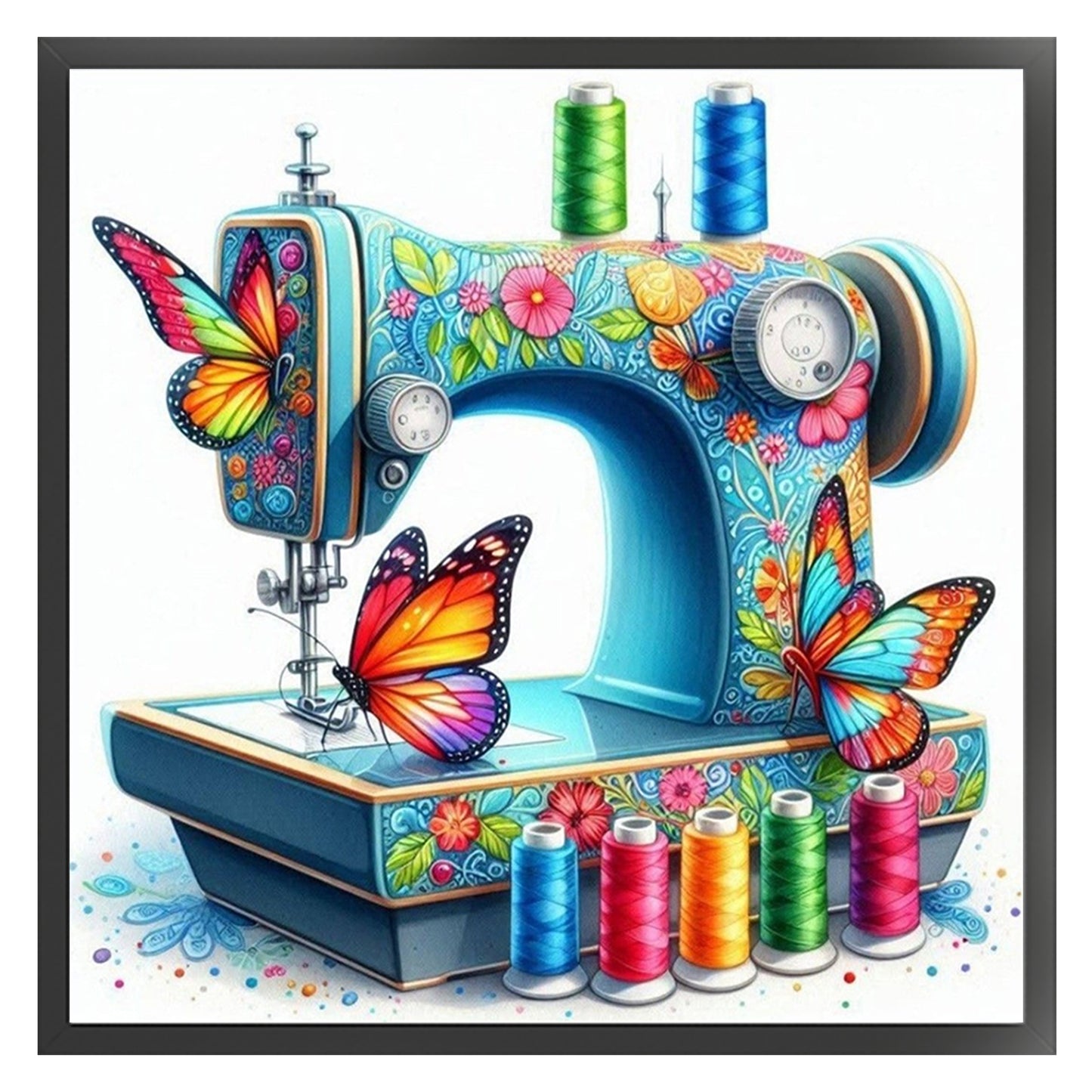 Butterfly Sewing Machine - Full 14CT Stamped Cross Stitch 40x40CM - Huacan
