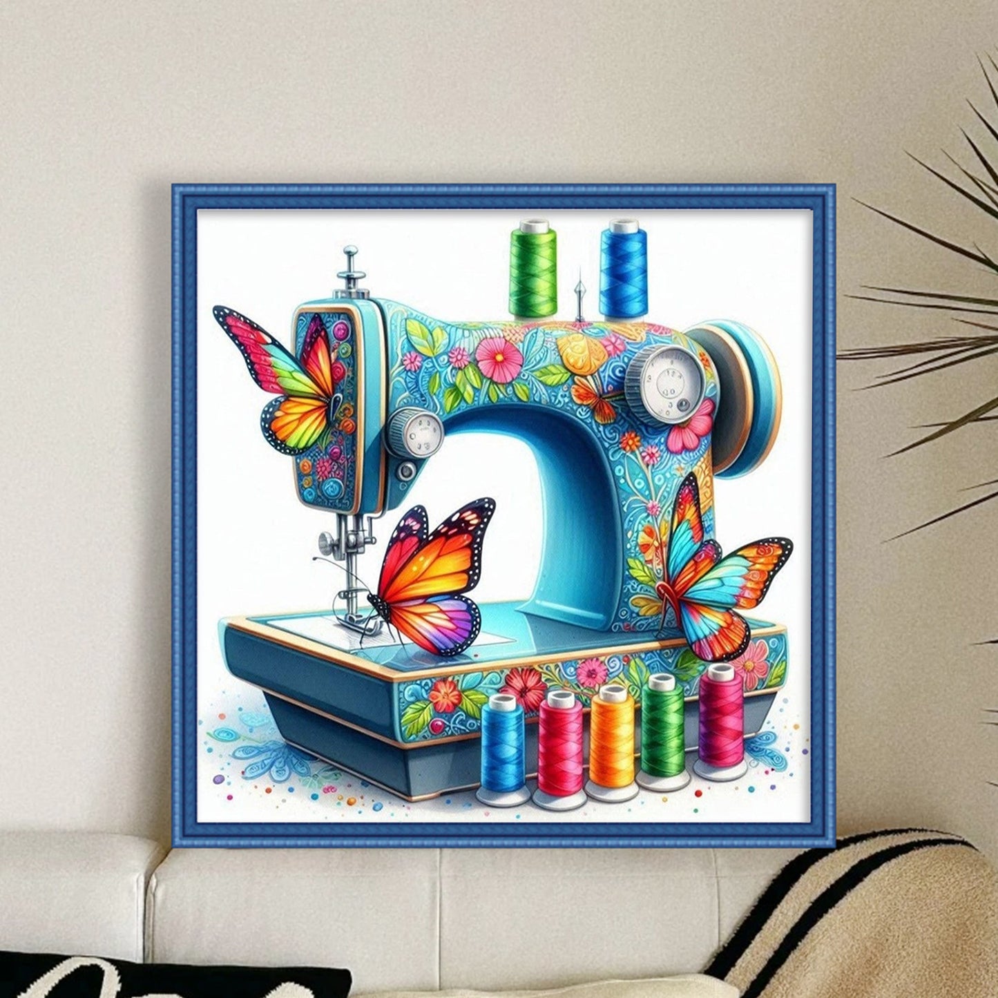 Butterfly Sewing Machine - Full 14CT Stamped Cross Stitch 40x40CM - Huacan
