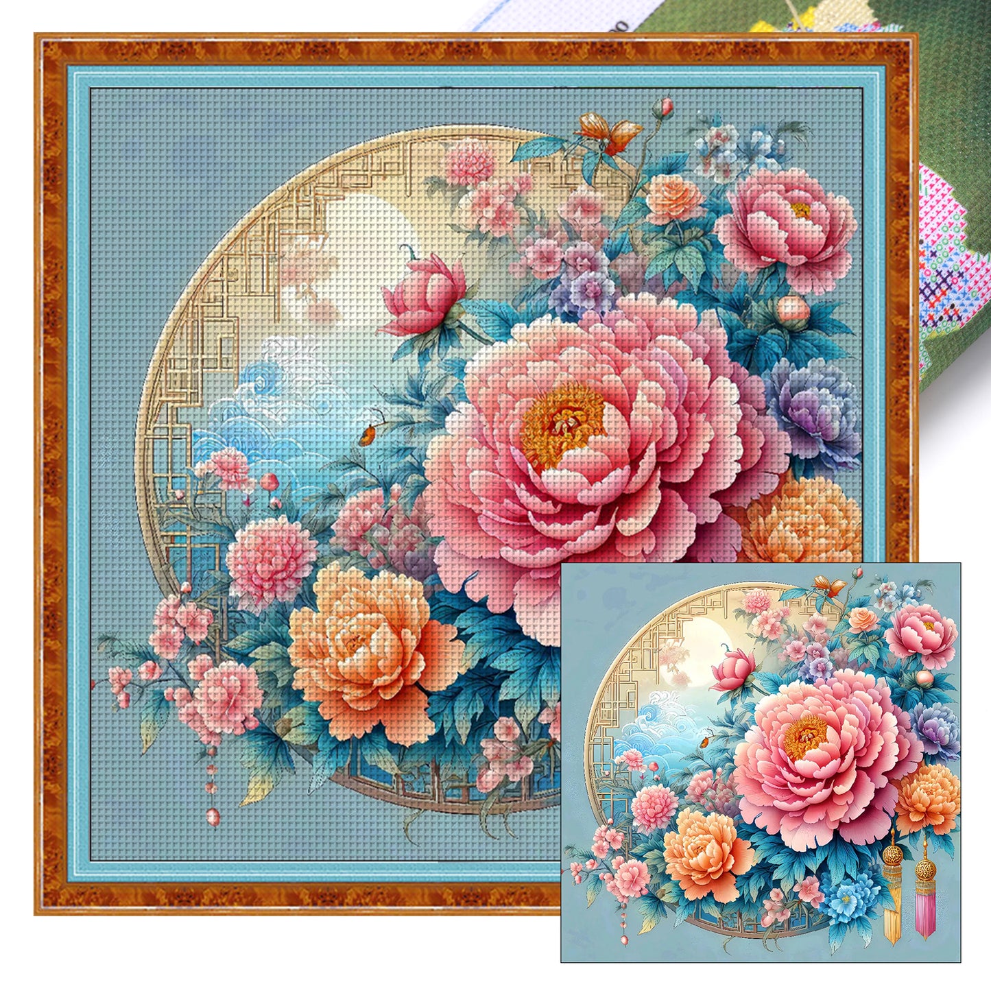 Graceful Peony - Full 9CT Stamped Cross Stitch 70x70CM - Jun He(52Colors)