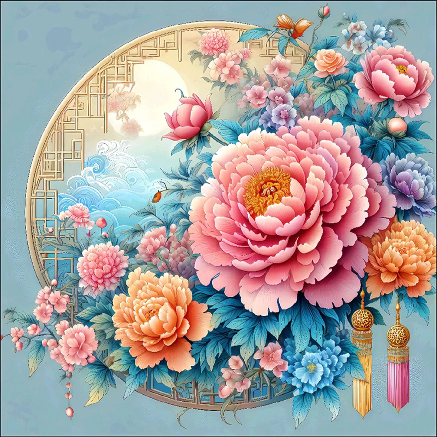 Graceful Peony - Full 9CT Stamped Cross Stitch 70x70CM - Jun He(52Colors)