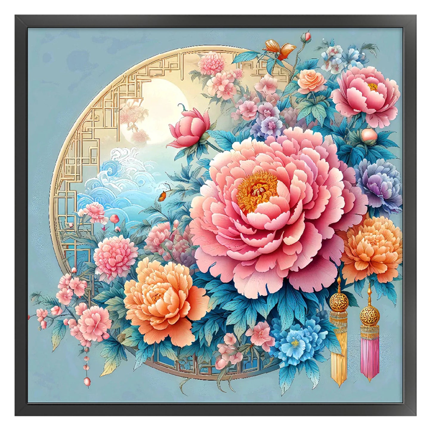 Graceful Peony - Full 9CT Stamped Cross Stitch 70x70CM - Jun He(52Colors)