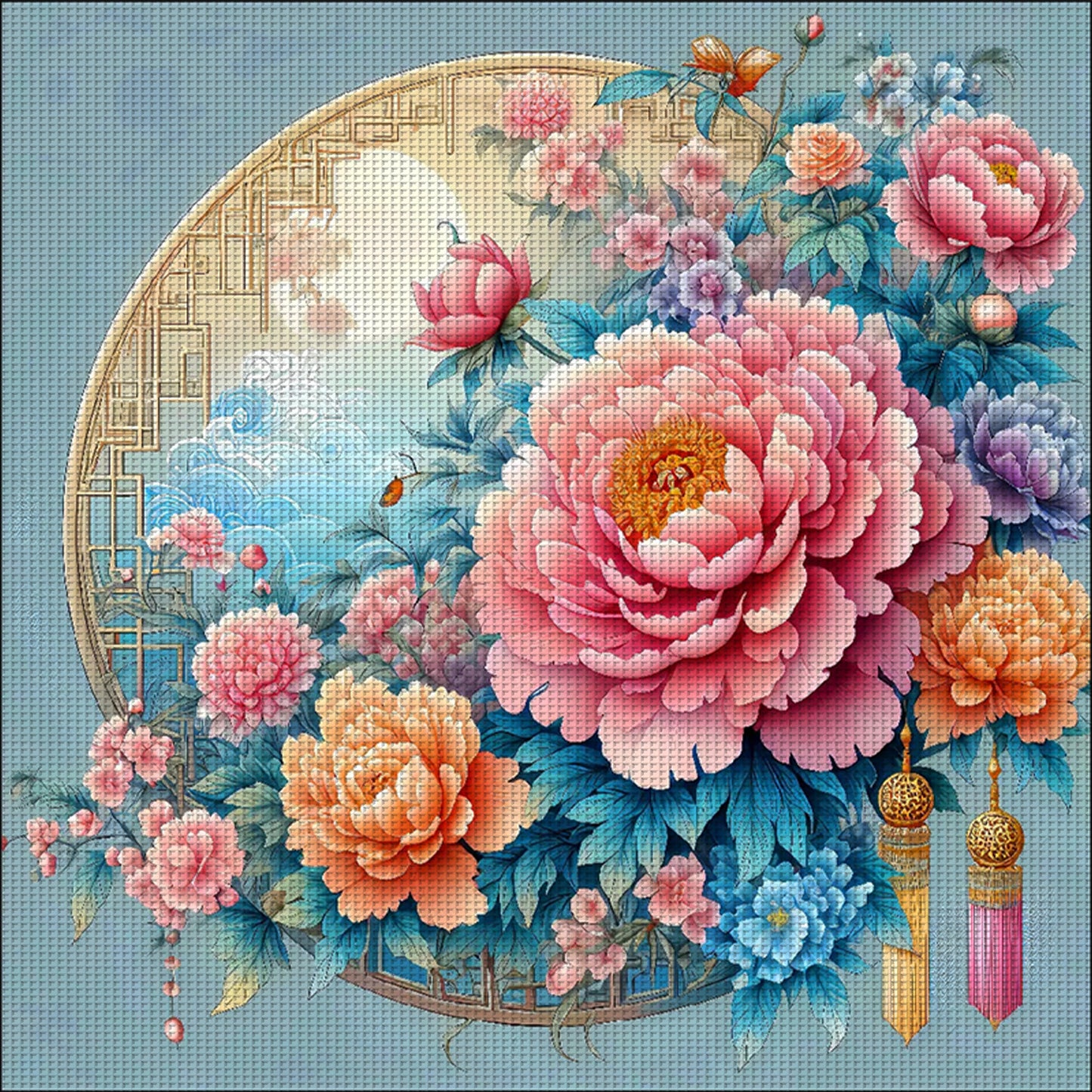 Graceful Peony - Full 9CT Stamped Cross Stitch 70x70CM - Jun He(52Colors)