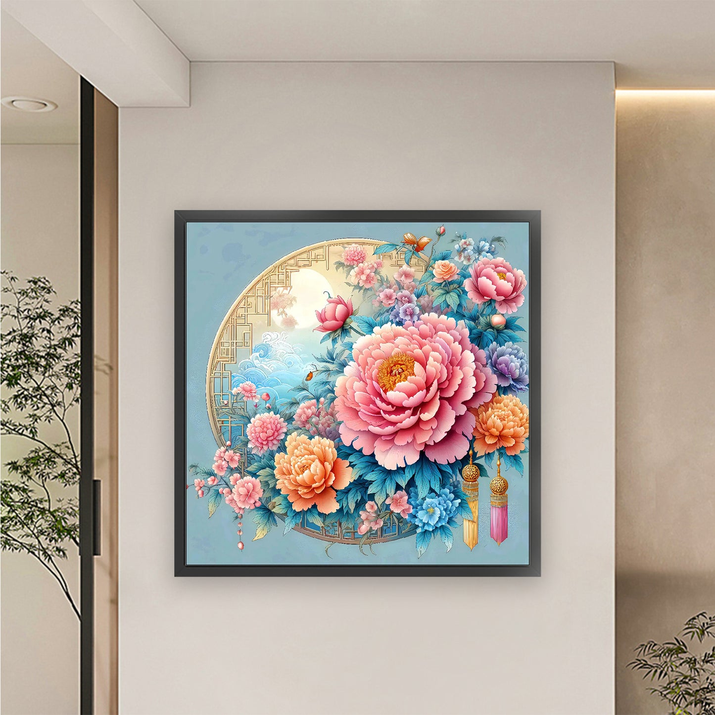 Graceful Peony - Full 9CT Stamped Cross Stitch 70x70CM - Jun He(52Colors)