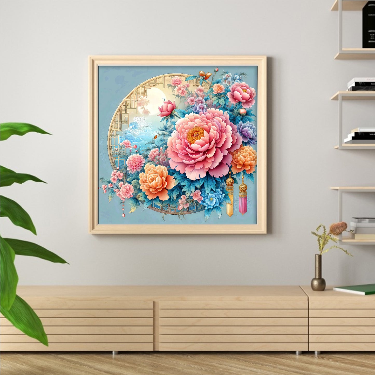 Graceful Peony - Full 9CT Stamped Cross Stitch 70x70CM - Jun He(52Colors)