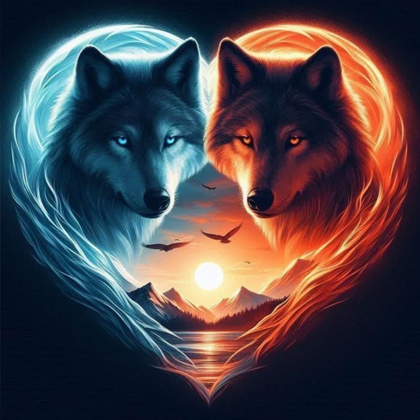 Heart Yin Yang Wolf - Full 11CT Stamped Cross Stitch 40x40CM - Yishu