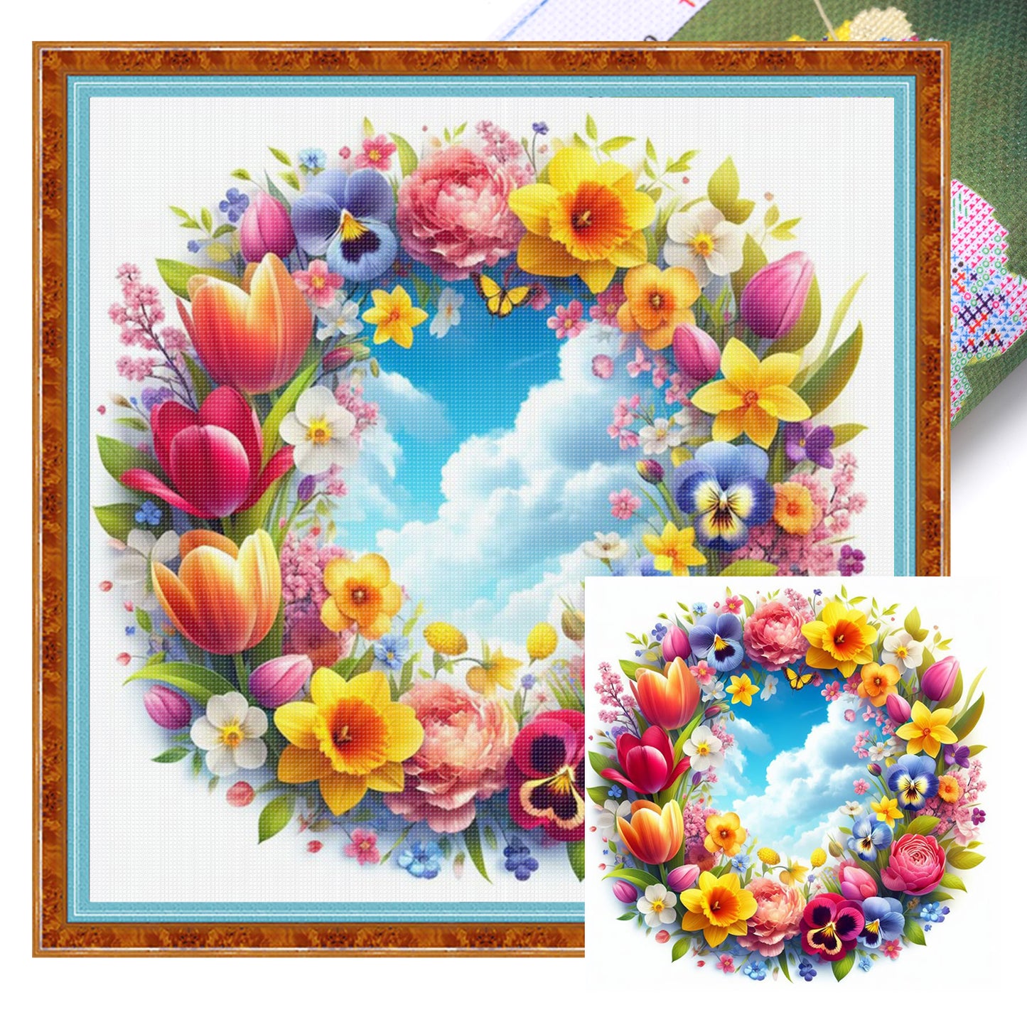 Flower Wreath - Full 11CT Stamped Cross Stitch 40x40CM - Yishu
