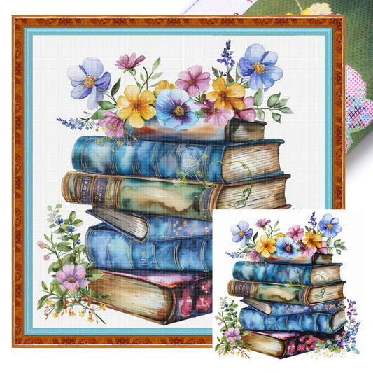 Flower Book Stack - Full 11CT Stamped Cross Stitch 40x40CM - Yishu