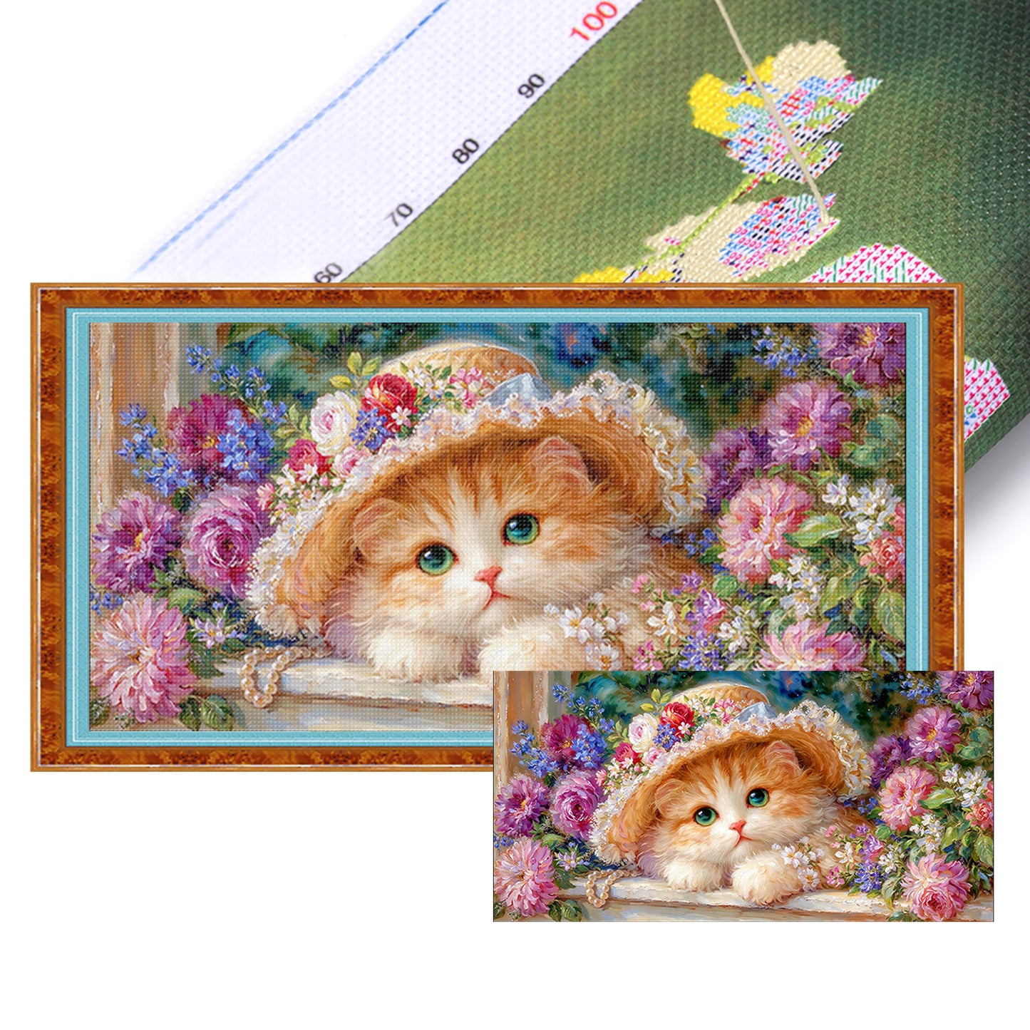 Cat Princess With Flower Hat - Full 9CT Stamped Cross Stitch 100x55CM - Jun He(59Colors)