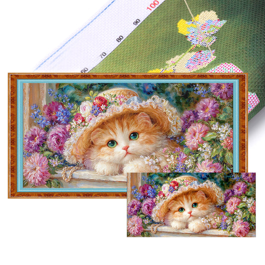 Cat Princess With Flower Hat - Full 9CT Stamped Cross Stitch 100x55CM - Jun He(59Colors)