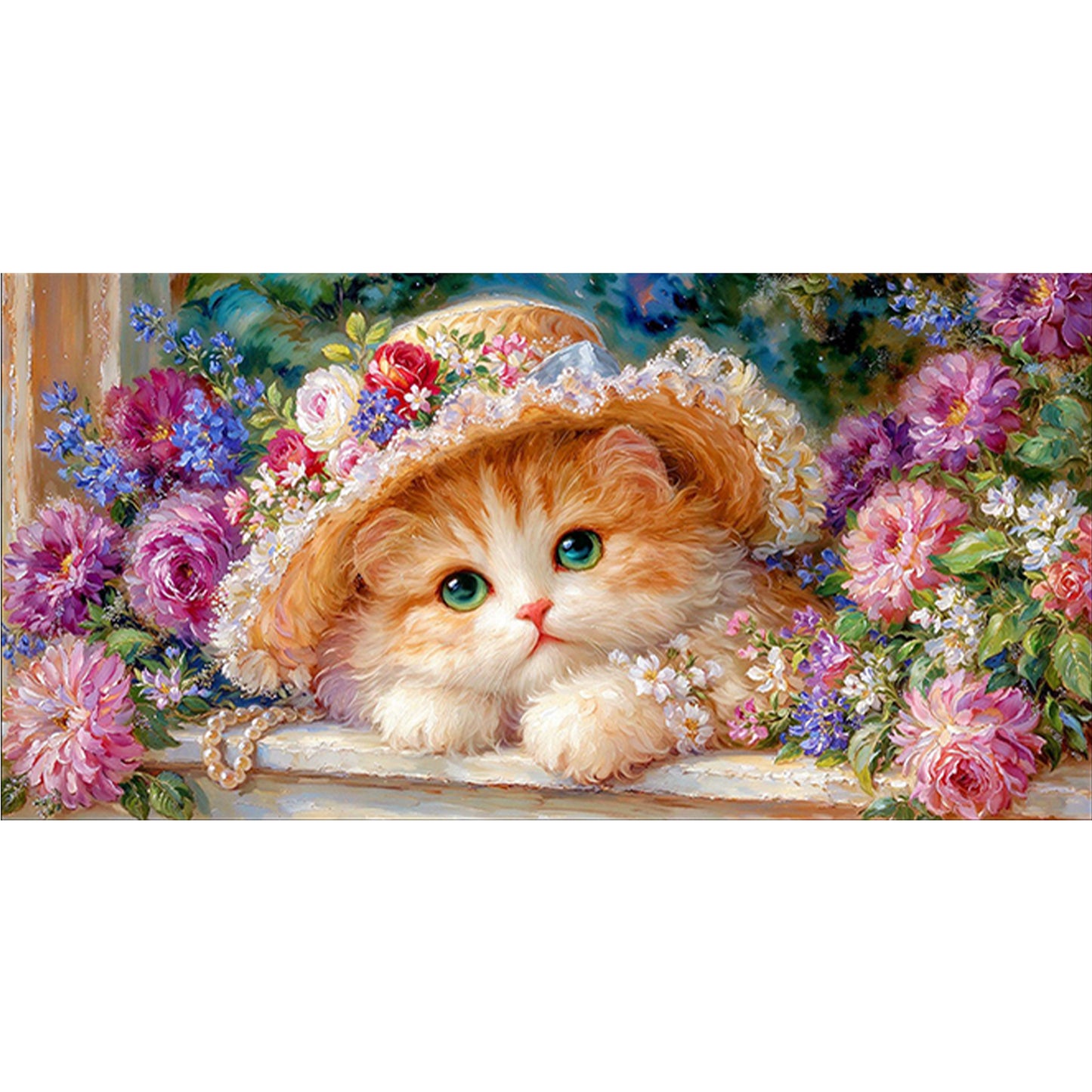 Cat Princess With Flower Hat - Full 9CT Stamped Cross Stitch 100x55CM - Jun He(59Colors)