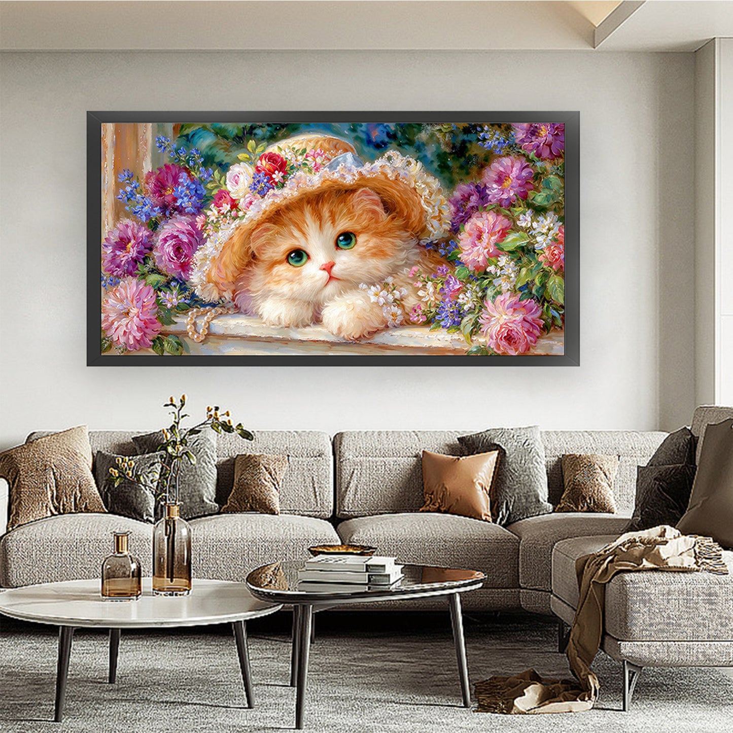 Cat Princess With Flower Hat - Full 9CT Stamped Cross Stitch 100x55CM - Jun He(59Colors)