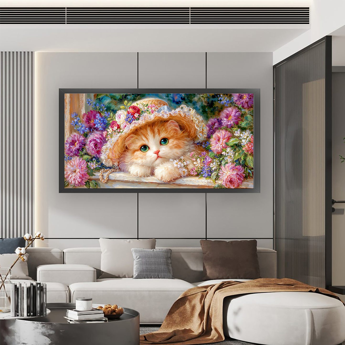 Cat Princess With Flower Hat - Full 9CT Stamped Cross Stitch 100x55CM - Jun He(59Colors)