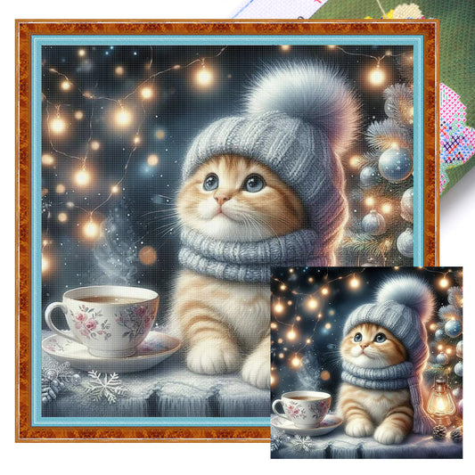 Winter Cat - Full 11CT Stamped Cross Stitch 40x40CM - Huacan