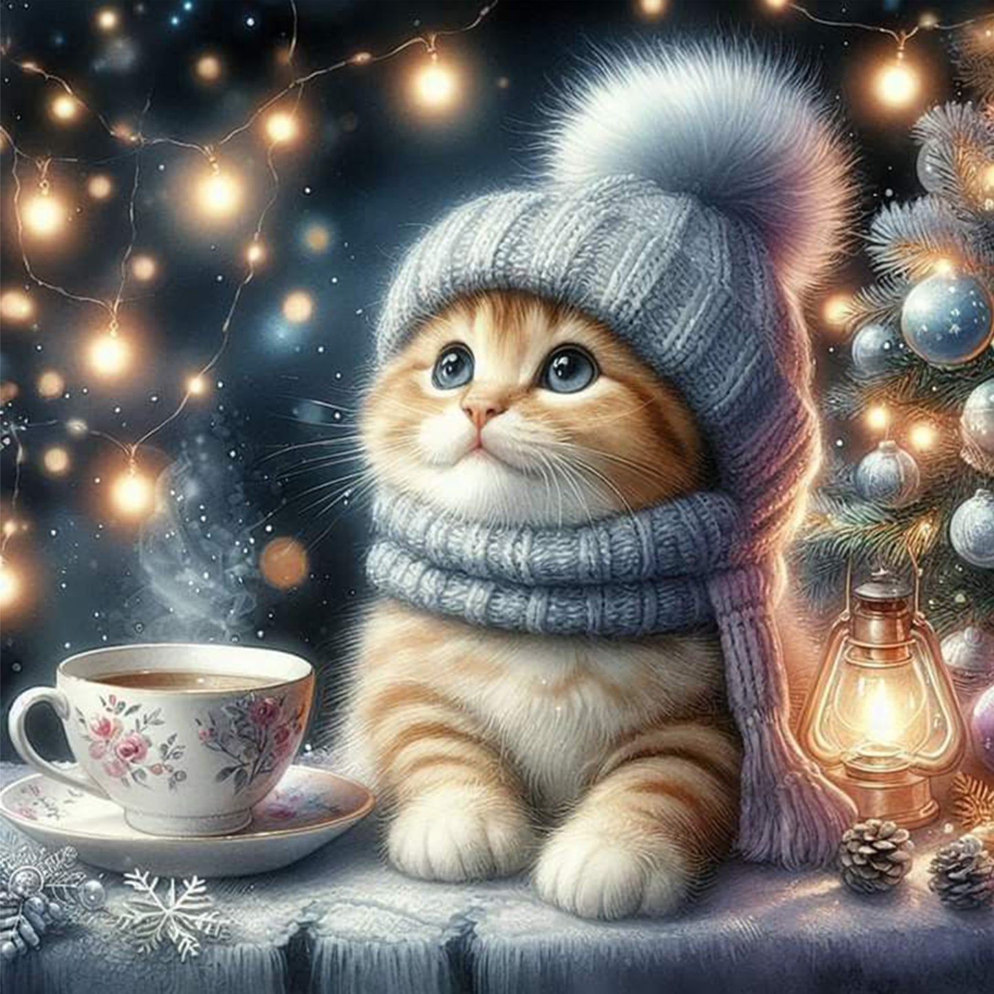 Winter Cat - Full 11CT Stamped Cross Stitch 40x40CM - Huacan