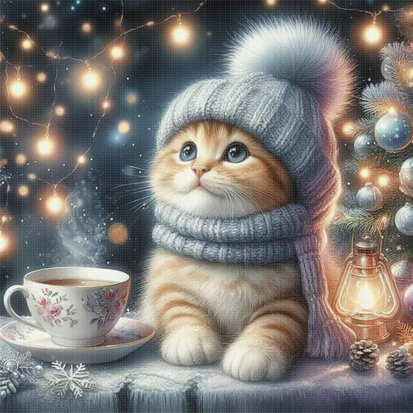 Winter Cat - Full 11CT Stamped Cross Stitch 40x40CM - Huacan