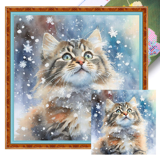 Cat In Snow - Full 11CT Stamped Cross Stitch 40x40CM - Huacan
