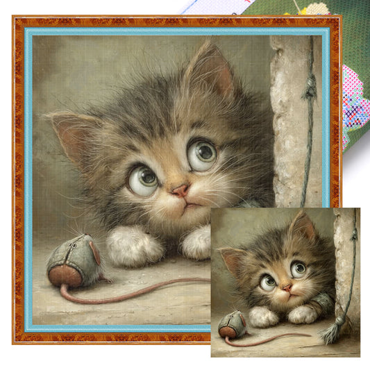 Cat And Mouse - Full 11CT Stamped Cross Stitch 40x40CM - Huacan