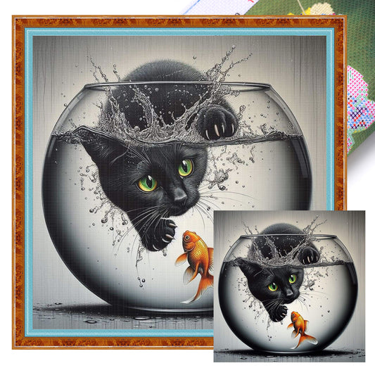 Black Cat Catching Fish - Full 11CT Stamped Cross Stitch 40x40CM - Huacan