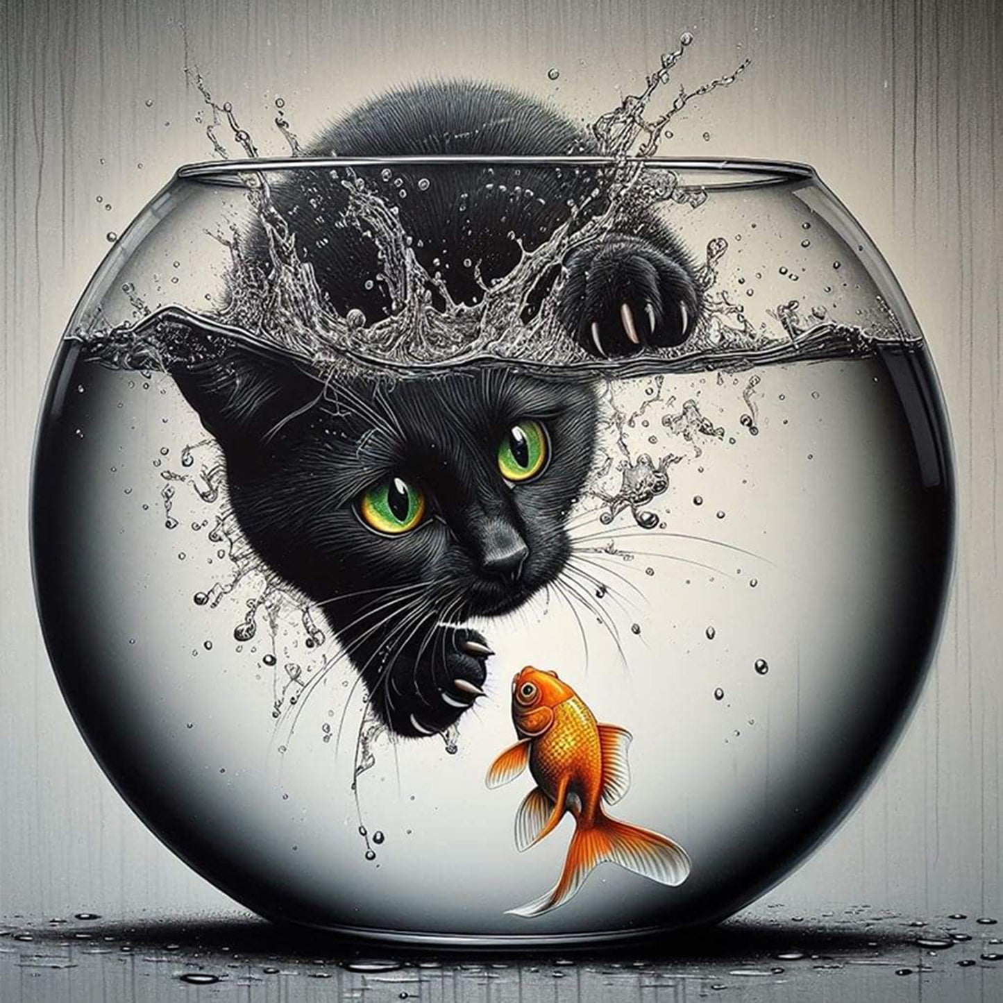 Black Cat Catching Fish - Full 11CT Stamped Cross Stitch 40x40CM - Huacan