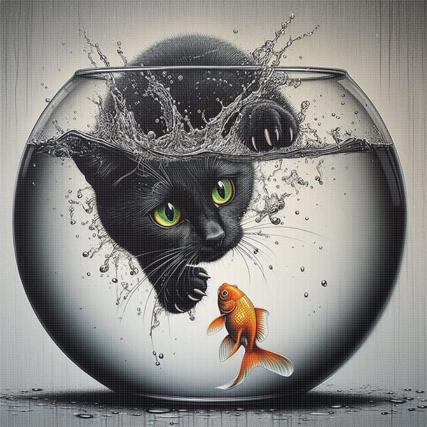 Black Cat Catching Fish - Full 11CT Stamped Cross Stitch 40x40CM - Huacan