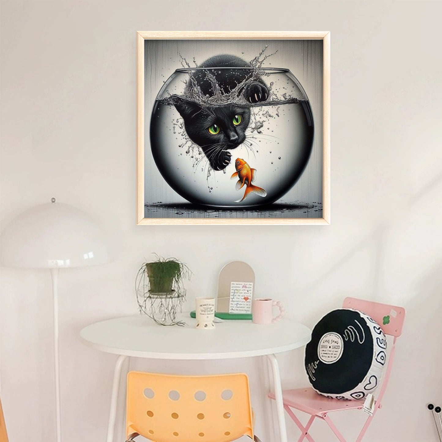 Black Cat Catching Fish - Full 11CT Stamped Cross Stitch 40x40CM - Huacan