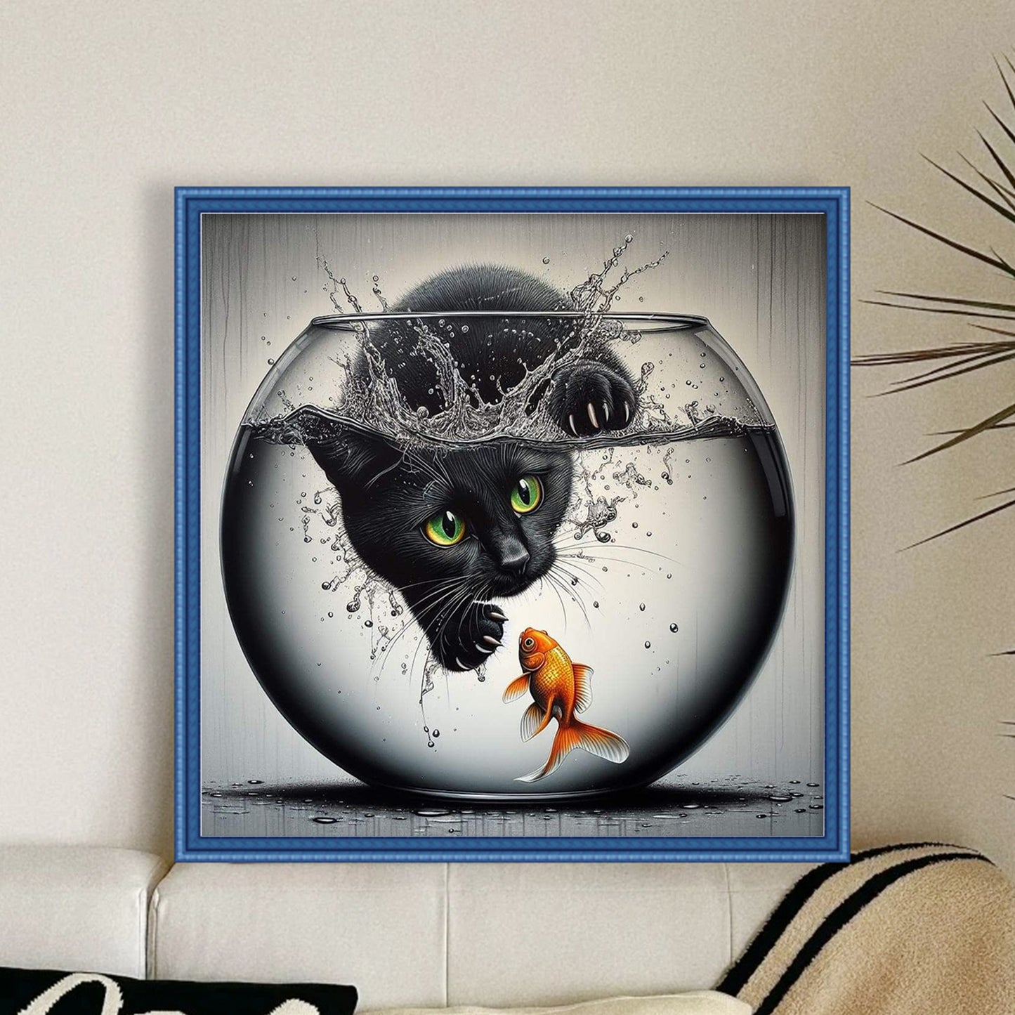 Black Cat Catching Fish - Full 11CT Stamped Cross Stitch 40x40CM - Huacan
