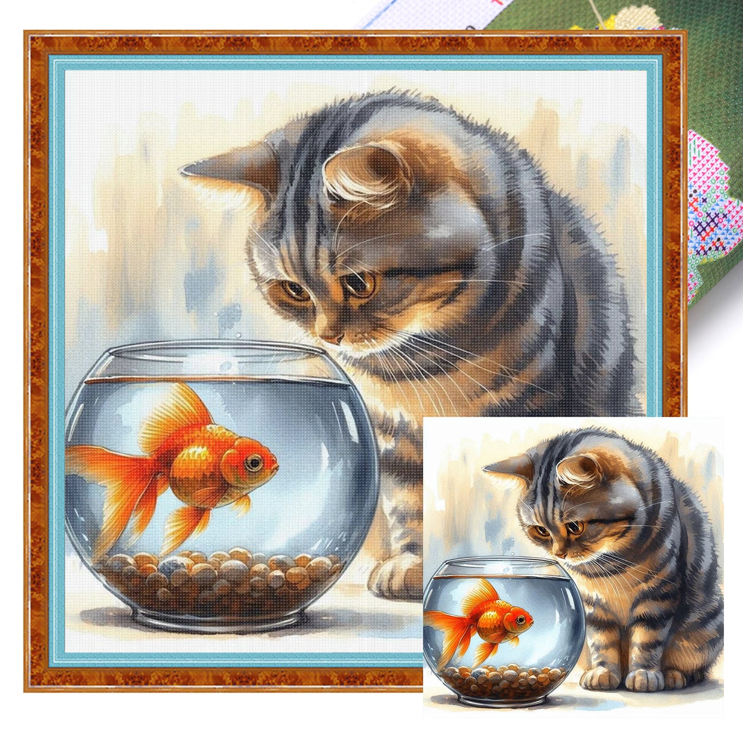 Cat And Fish Tank - Full 11CT Stamped Cross Stitch 40x40CM - Huacan