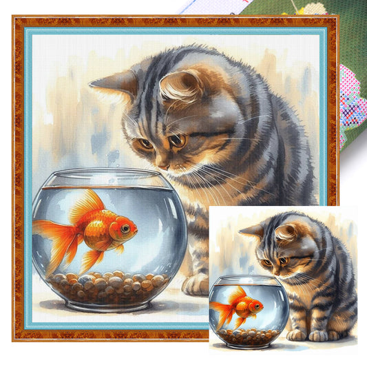 Cat And Fish Tank - Full 11CT Stamped Cross Stitch 40x40CM - Huacan