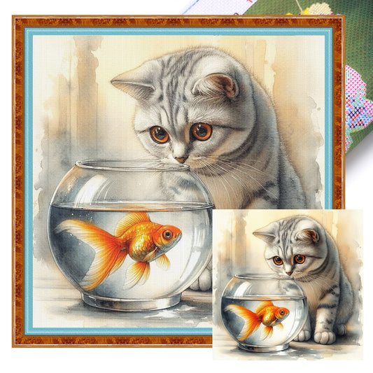 British Shorthair Watching Fish - Full 11CT Stamped Cross Stitch 40x40CM - Huacan