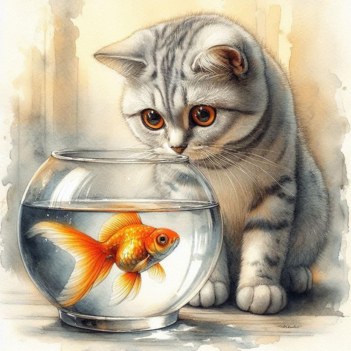 British Shorthair Watching Fish - Full 11CT Stamped Cross Stitch 40x40CM - Huacan