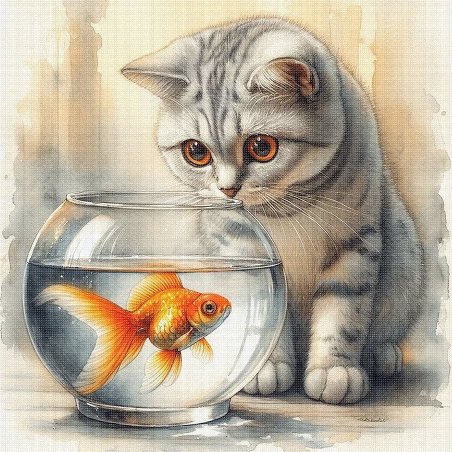 British Shorthair Watching Fish - Full 11CT Stamped Cross Stitch 40x40CM - Huacan