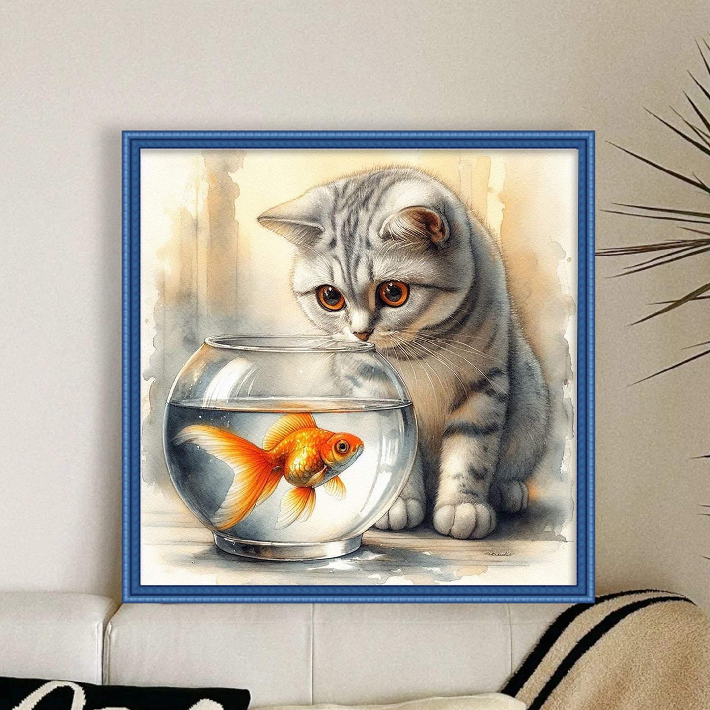 British Shorthair Watching Fish - Full 11CT Stamped Cross Stitch 40x40CM - Huacan