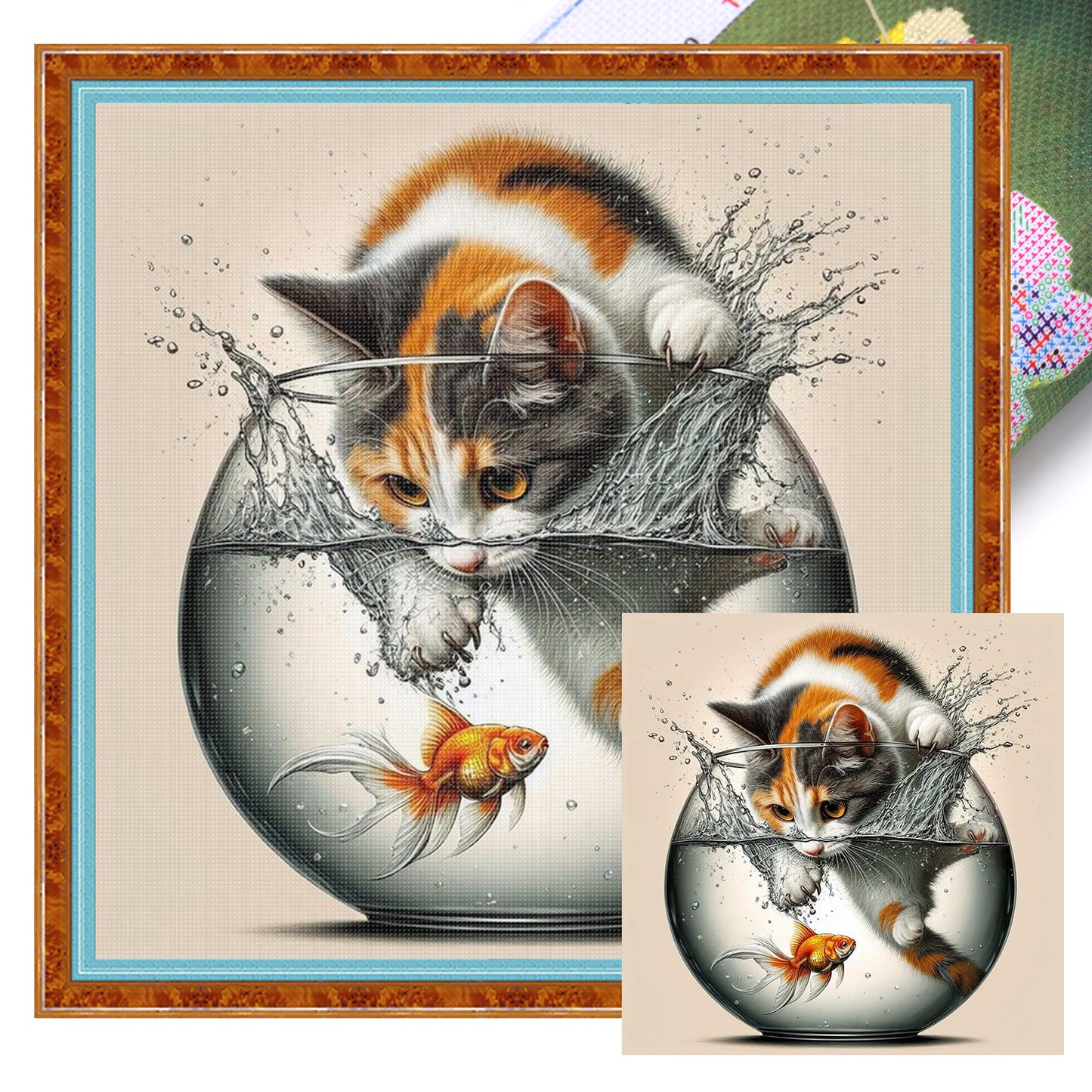 Tricolor Cat Catching Fish - Full 11CT Stamped Cross Stitch 40x40CM - Huacan