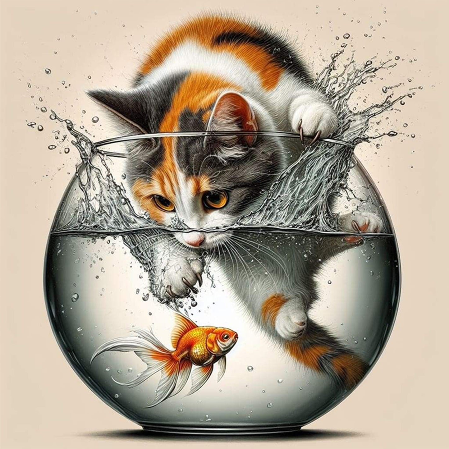 Tricolor Cat Catching Fish - Full 11CT Stamped Cross Stitch 40x40CM - Huacan