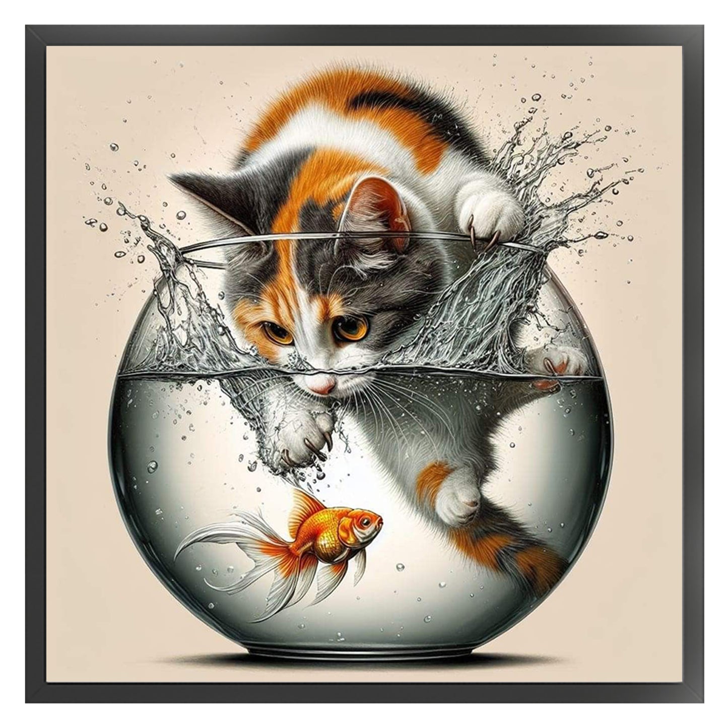Tricolor Cat Catching Fish - Full 11CT Stamped Cross Stitch 40x40CM - Huacan