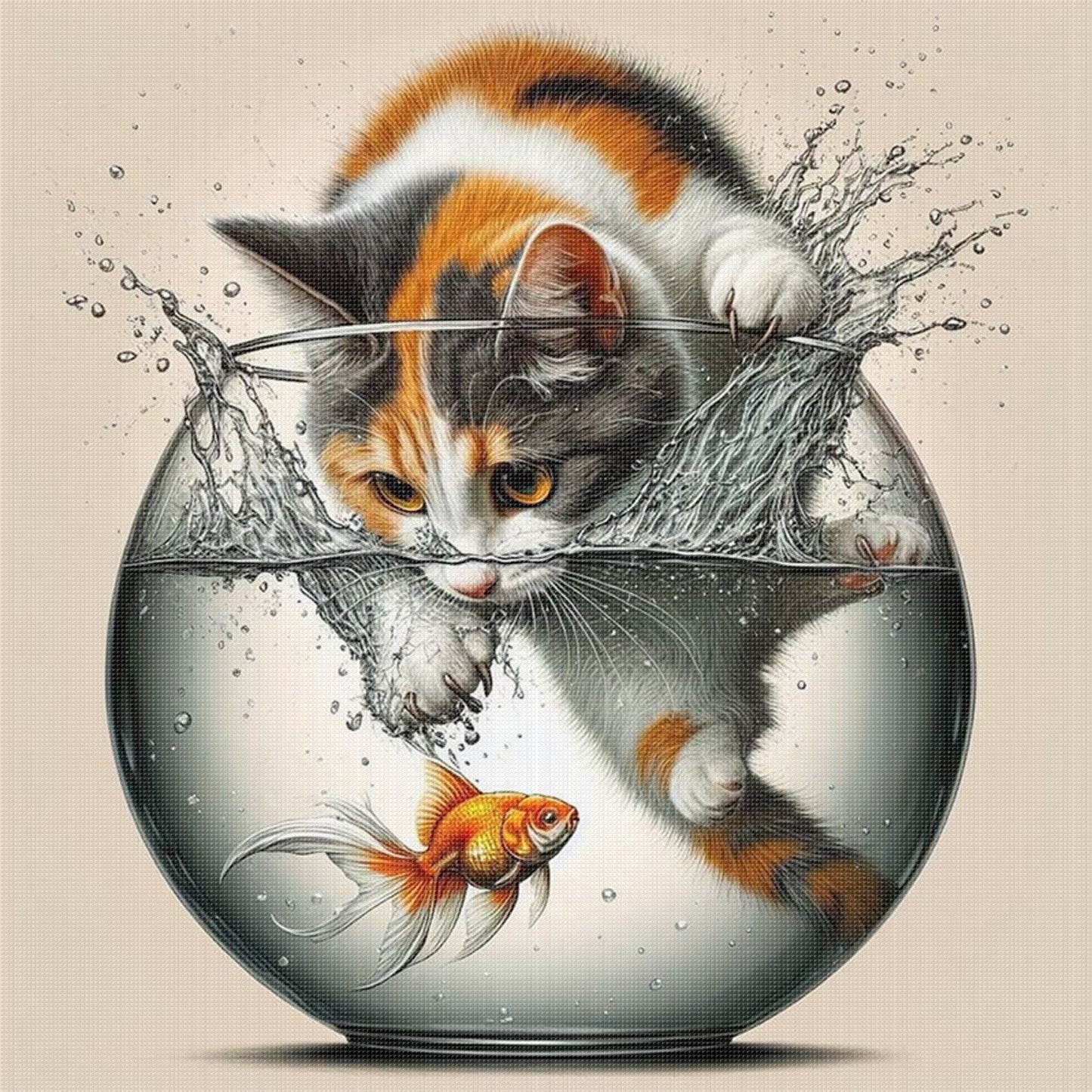 Tricolor Cat Catching Fish - Full 11CT Stamped Cross Stitch 40x40CM - Huacan