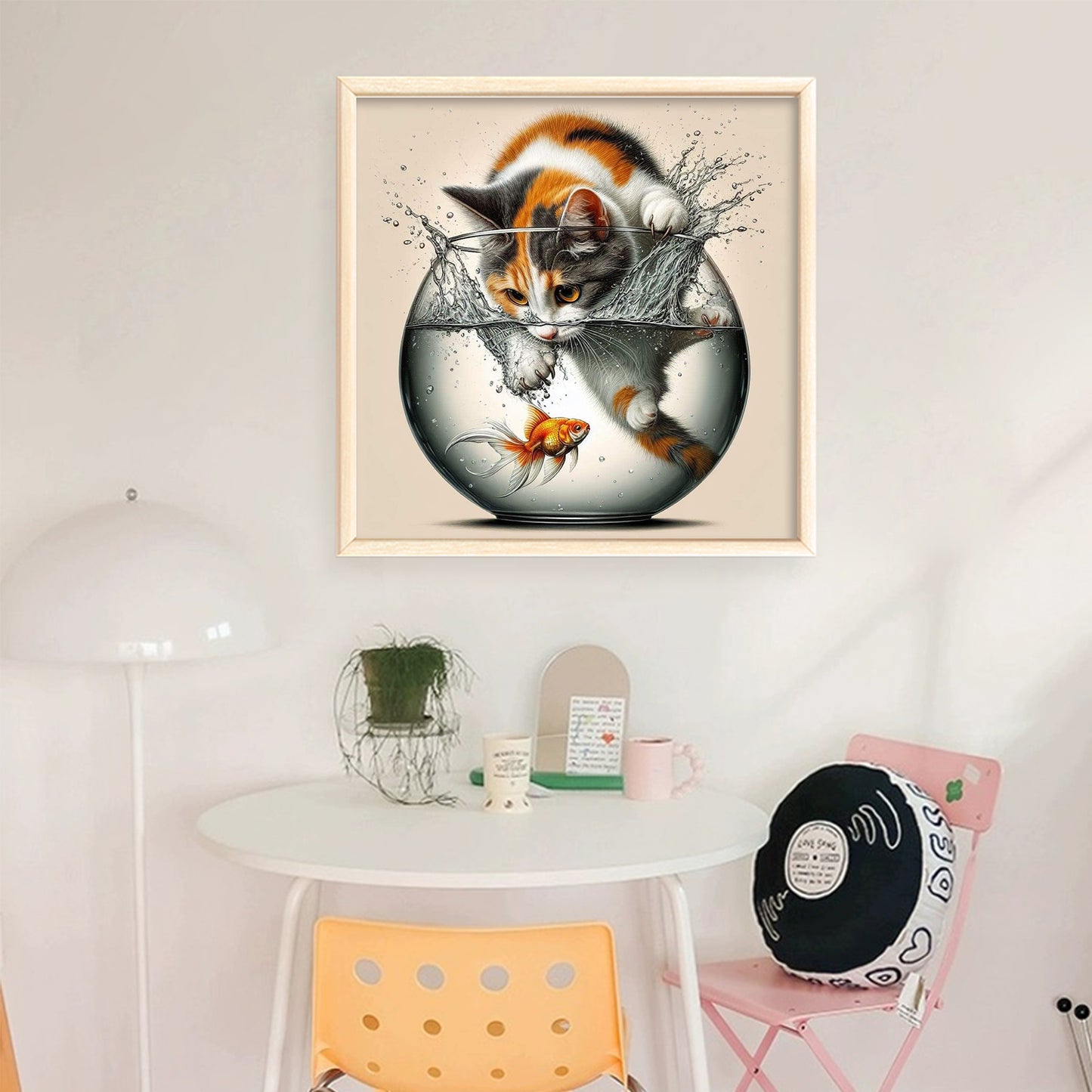 Tricolor Cat Catching Fish - Full 11CT Stamped Cross Stitch 40x40CM - Huacan