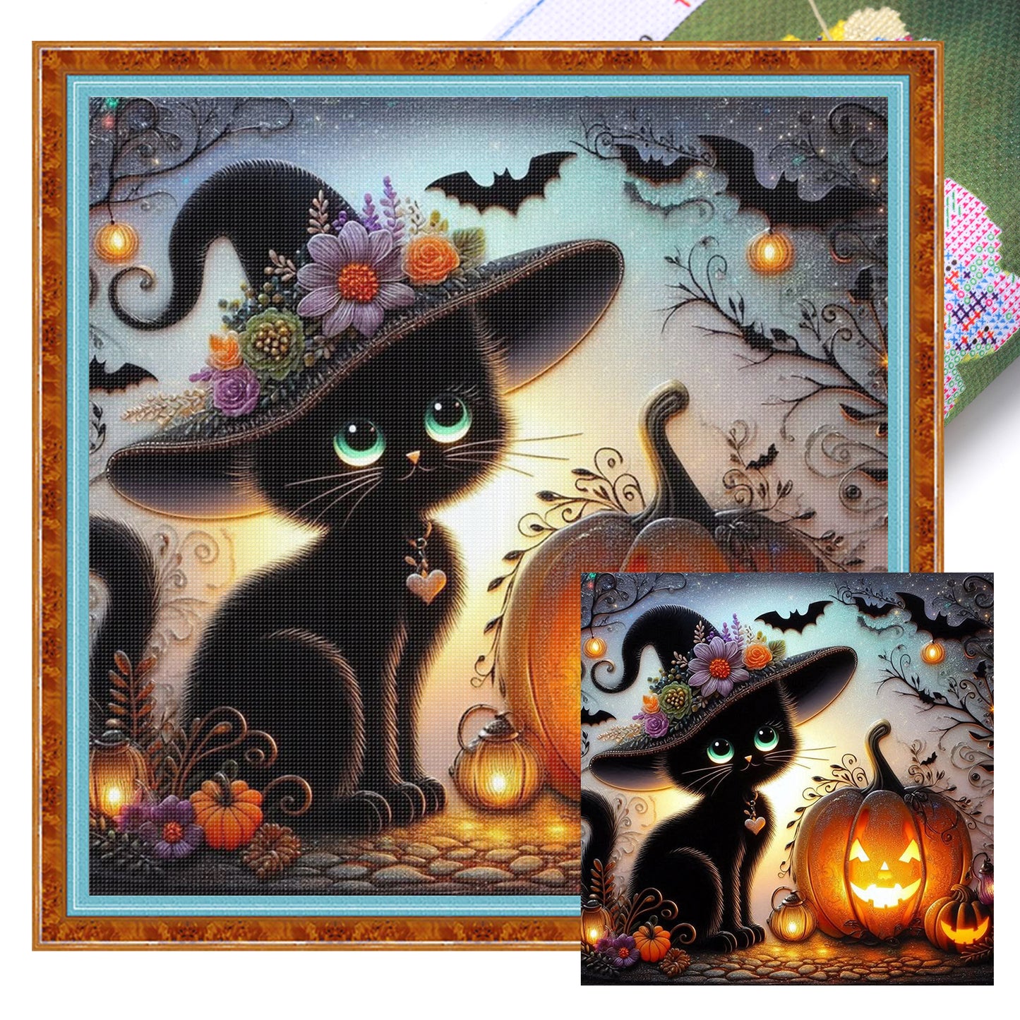 Black Cat And Pumpkin - Full 11CT Stamped Cross Stitch 40x40CM - Huacan