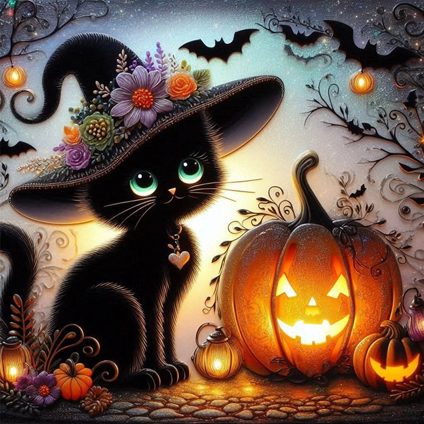 Black Cat And Pumpkin - Full 11CT Stamped Cross Stitch 40x40CM - Huacan