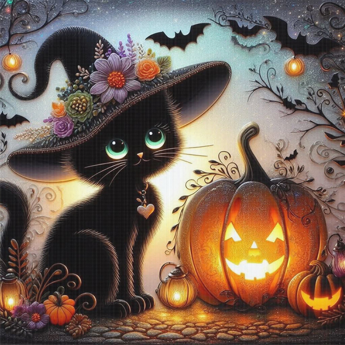 Black Cat And Pumpkin - Full 11CT Stamped Cross Stitch 40x40CM - Huacan