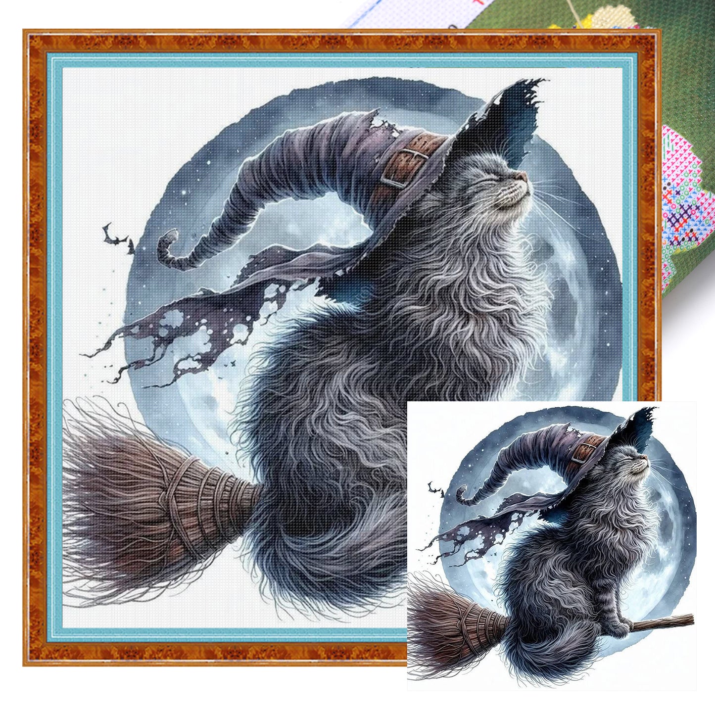 Magic Cat On Broom - Full 11CT Stamped Cross Stitch 40x40CM - Huacan