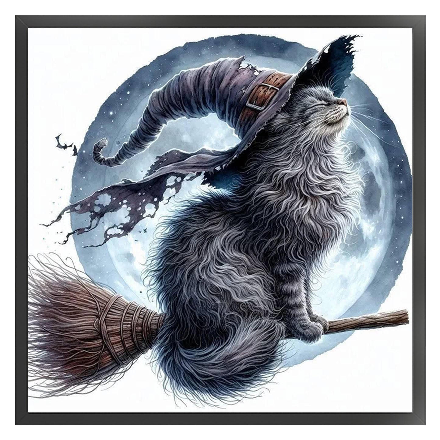 Magic Cat On Broom - Full 11CT Stamped Cross Stitch 40x40CM - Huacan