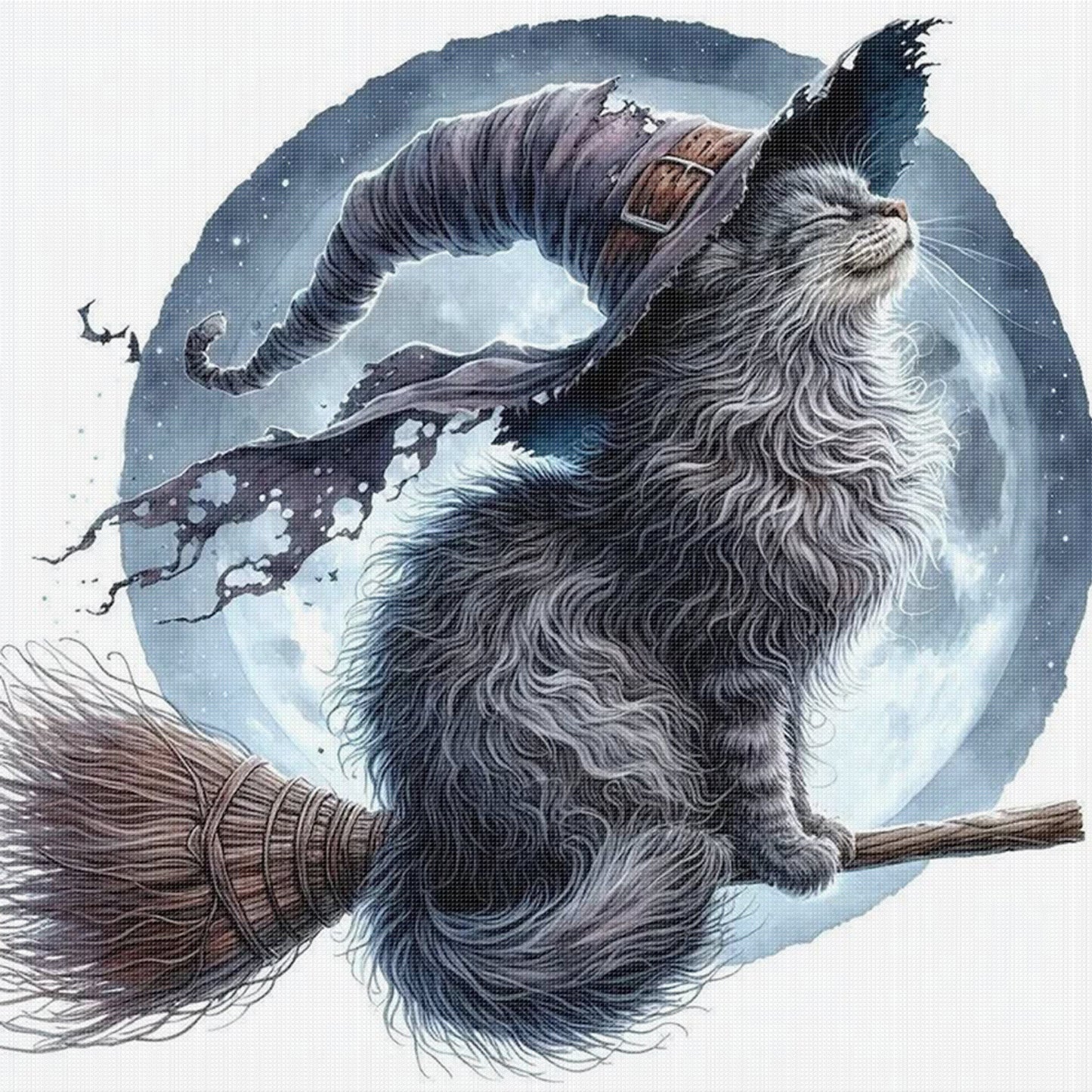 Magic Cat On Broom - Full 11CT Stamped Cross Stitch 40x40CM - Huacan
